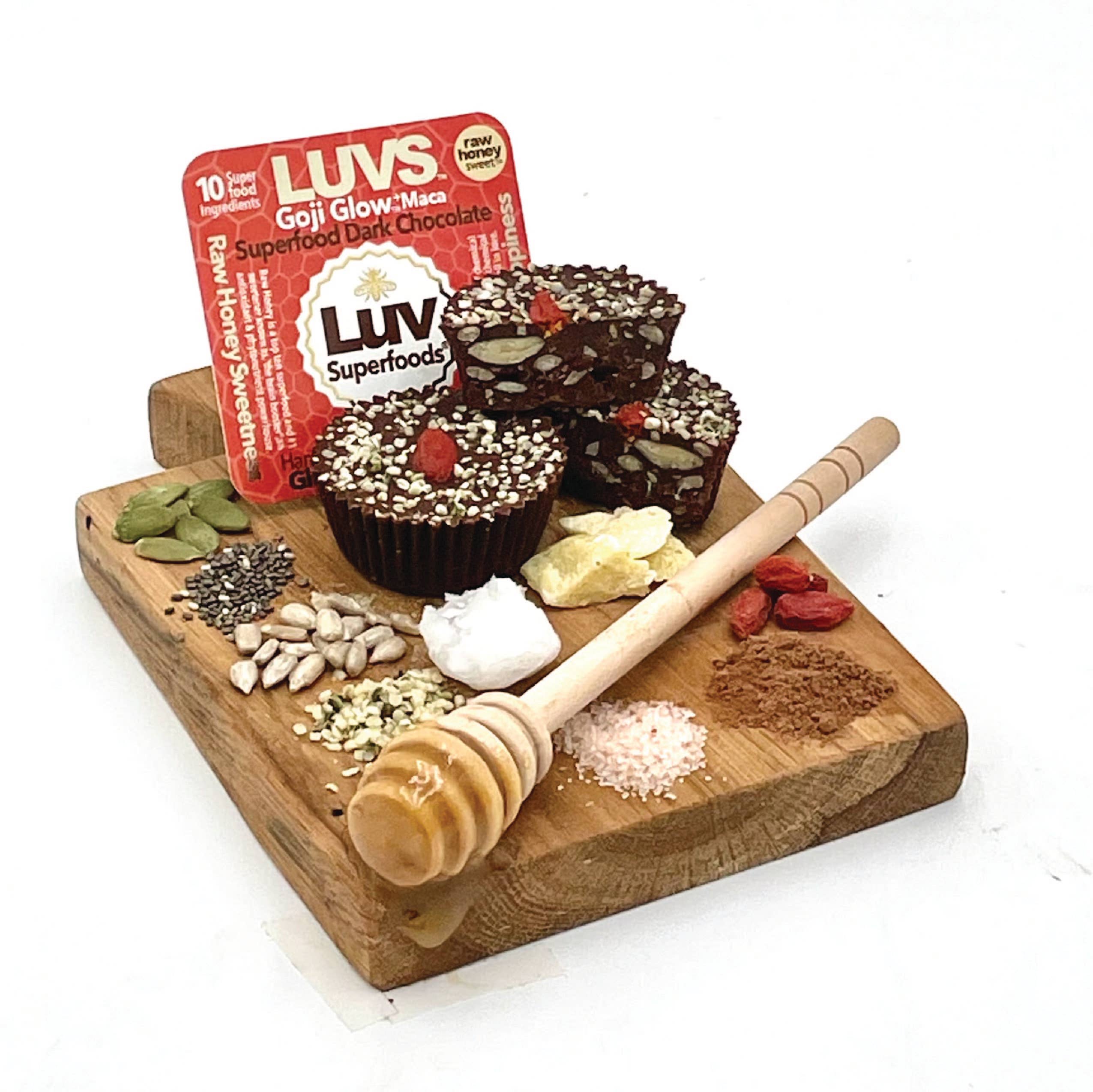 LUV Superfoods - Vendita all'ingrosso Dolci ricoperti di cioccolato - Goji Glow +500mg Maca ~ Tazze di Cioccolato Fondente