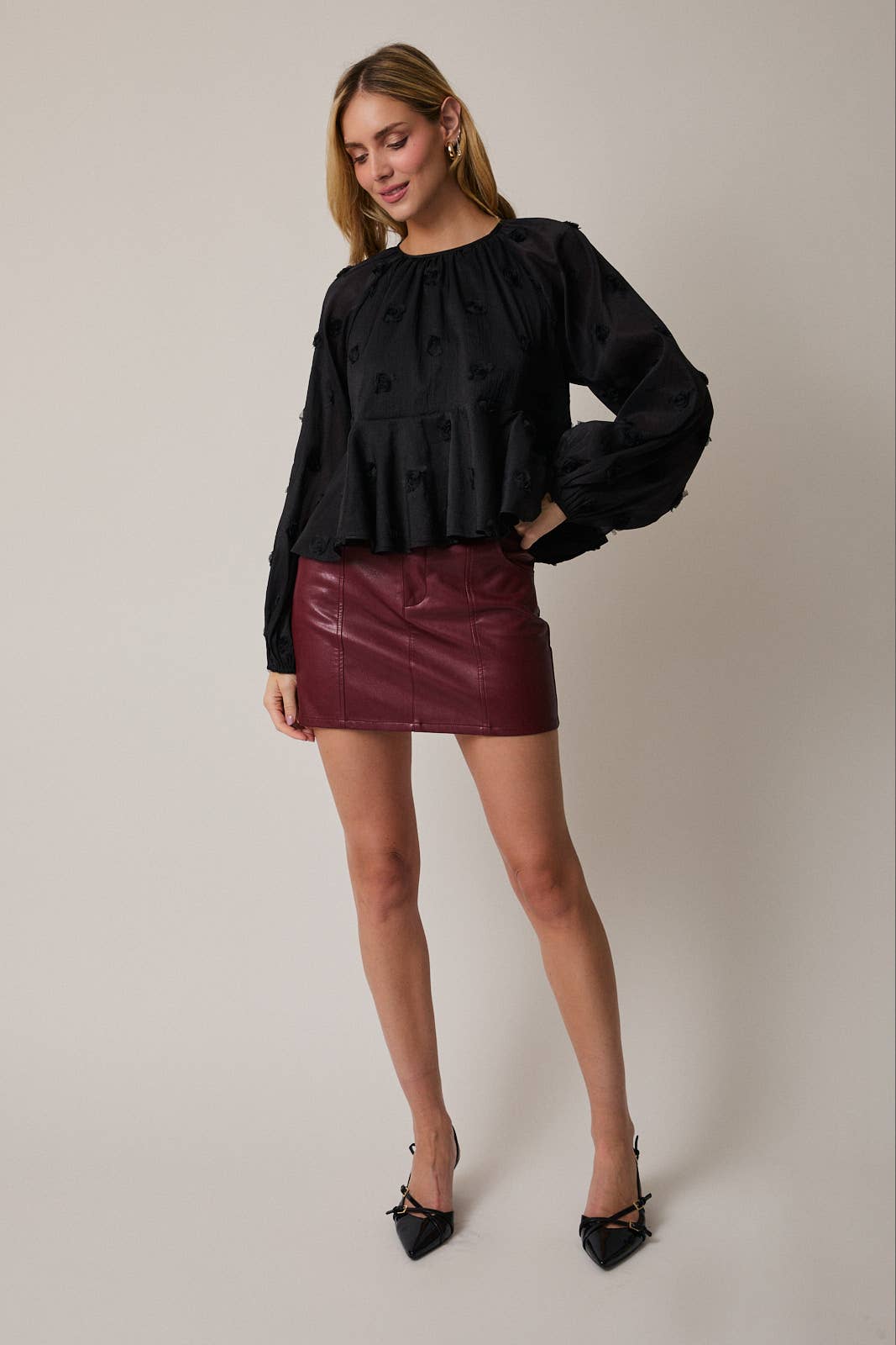 Sunday Edition - Wholesale Blouse - Women's - ROUND NECK LONG SLEEVE TIERED MESH BLOUSE4