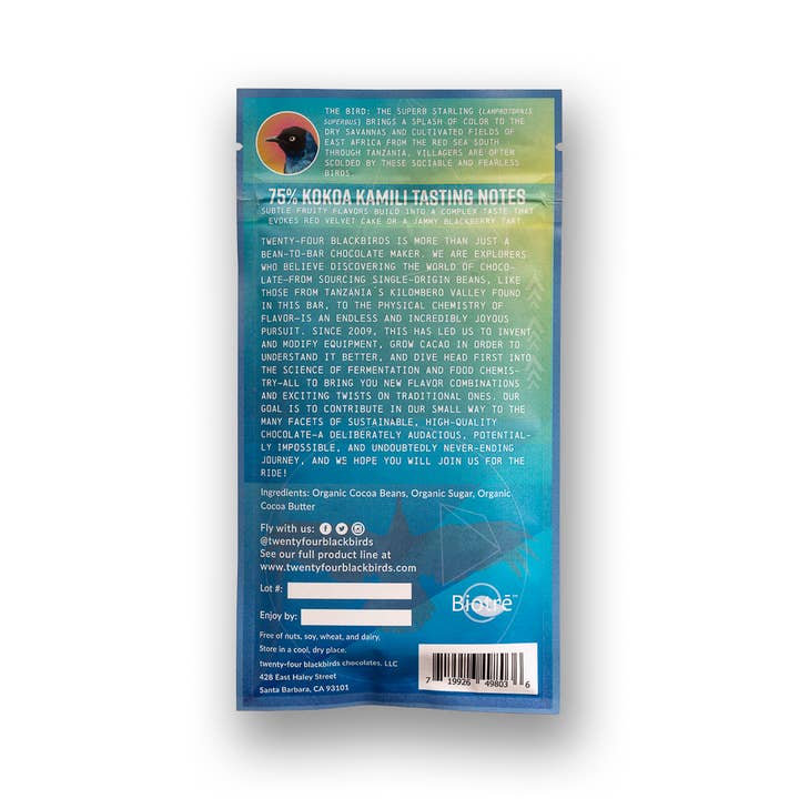 Twenty-Four Blackbirds - Wholesale Chocolate Bar - 75% Tanzania Kokoa Kamili bar, 1.4 oz