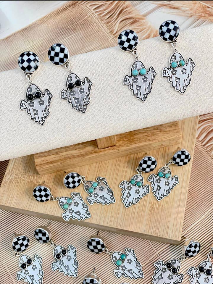PREORDER OPEN! CHECKERED SPOOKY GHOST Earrings for wholesale by Krush Kandy