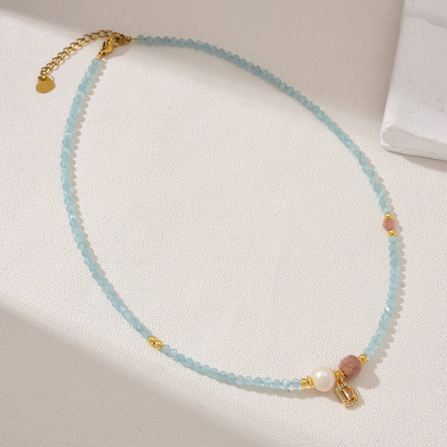 Beads Creation - Wholesale Beaded/Pearl Necklace - Aquamarine Pear Rhodochrosite Stone Beaded Necklace, NL0511