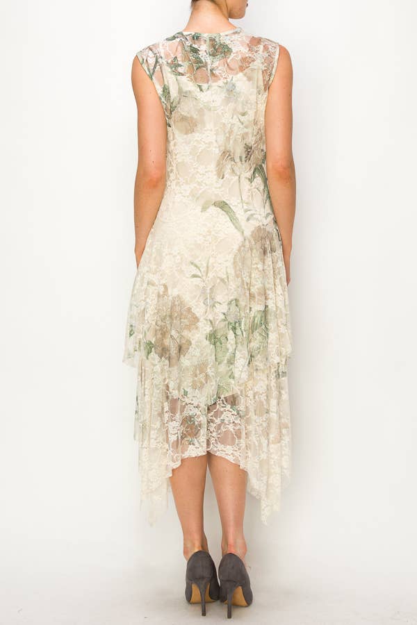 Whimsical Sleeveless Lace Midi Dress With Unattached Slip - 4609 BG/GRN ROSE for wholesale on Faire3