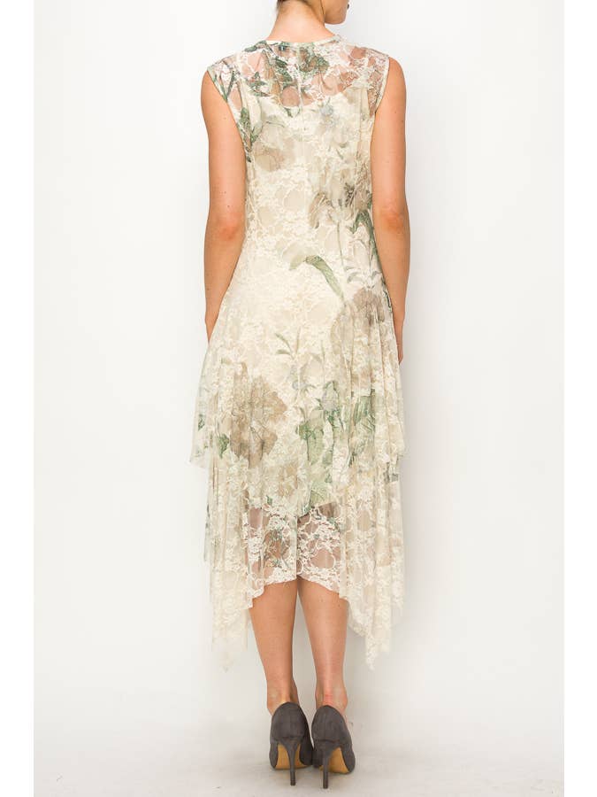 Whimsical Sleeveless Lace Midi Dress With Unattached Slip - 4609 BG/GRN ROSE for wholesale on Faire3