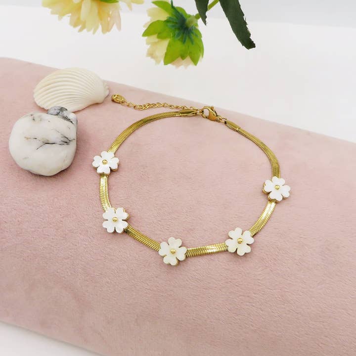 Daemon srls - Wholesale Cuff Bracelet - ELEONOR FLOWERS ~ Cavigliera in ACCIAIO INOSSIDABILE fiori in madreperla + catena snake piatta4