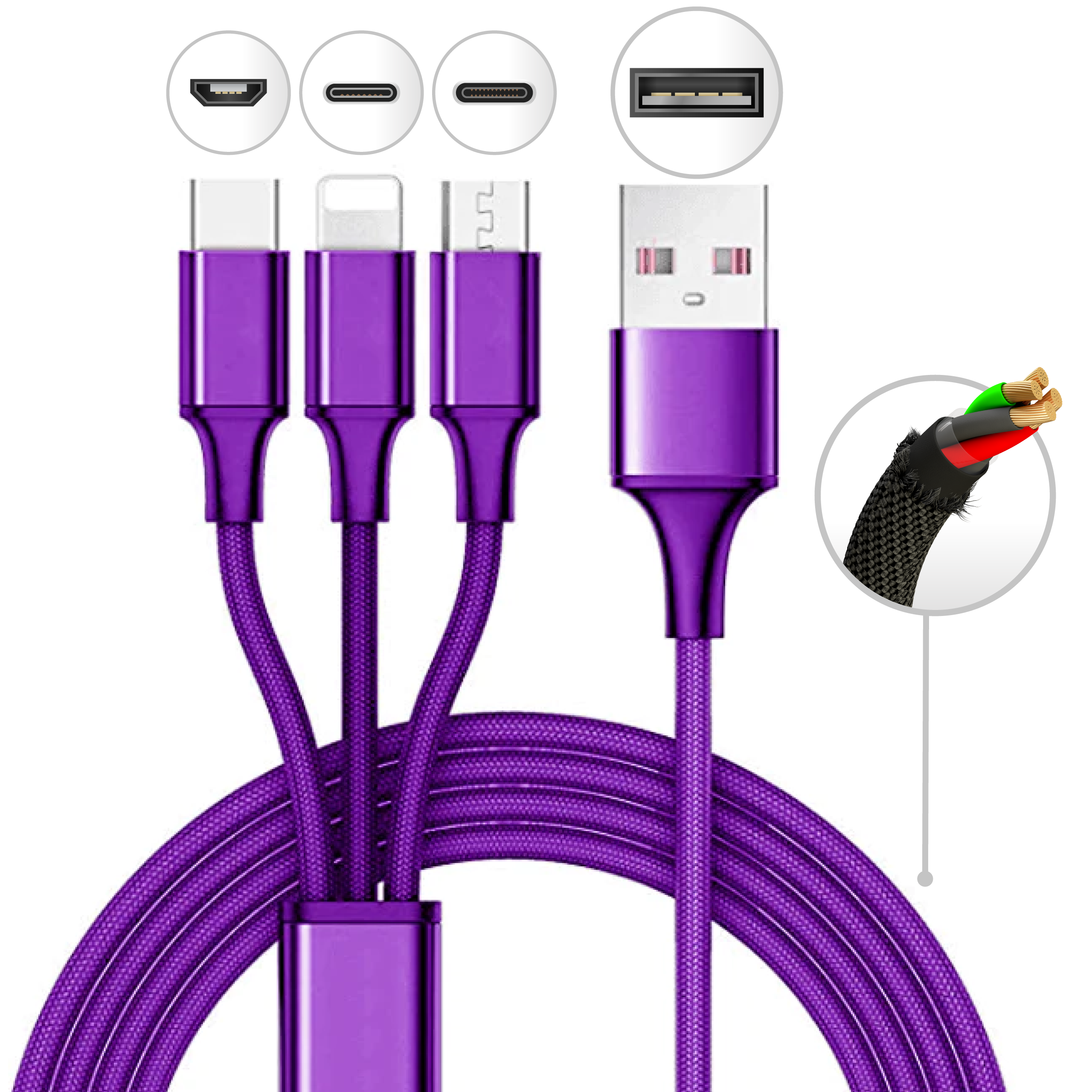 Mila Wholesale - Wholesale Charging Cable - 10 Foot 3 in 1 Refill Cable - Micro USB, Lightning, Type C6
