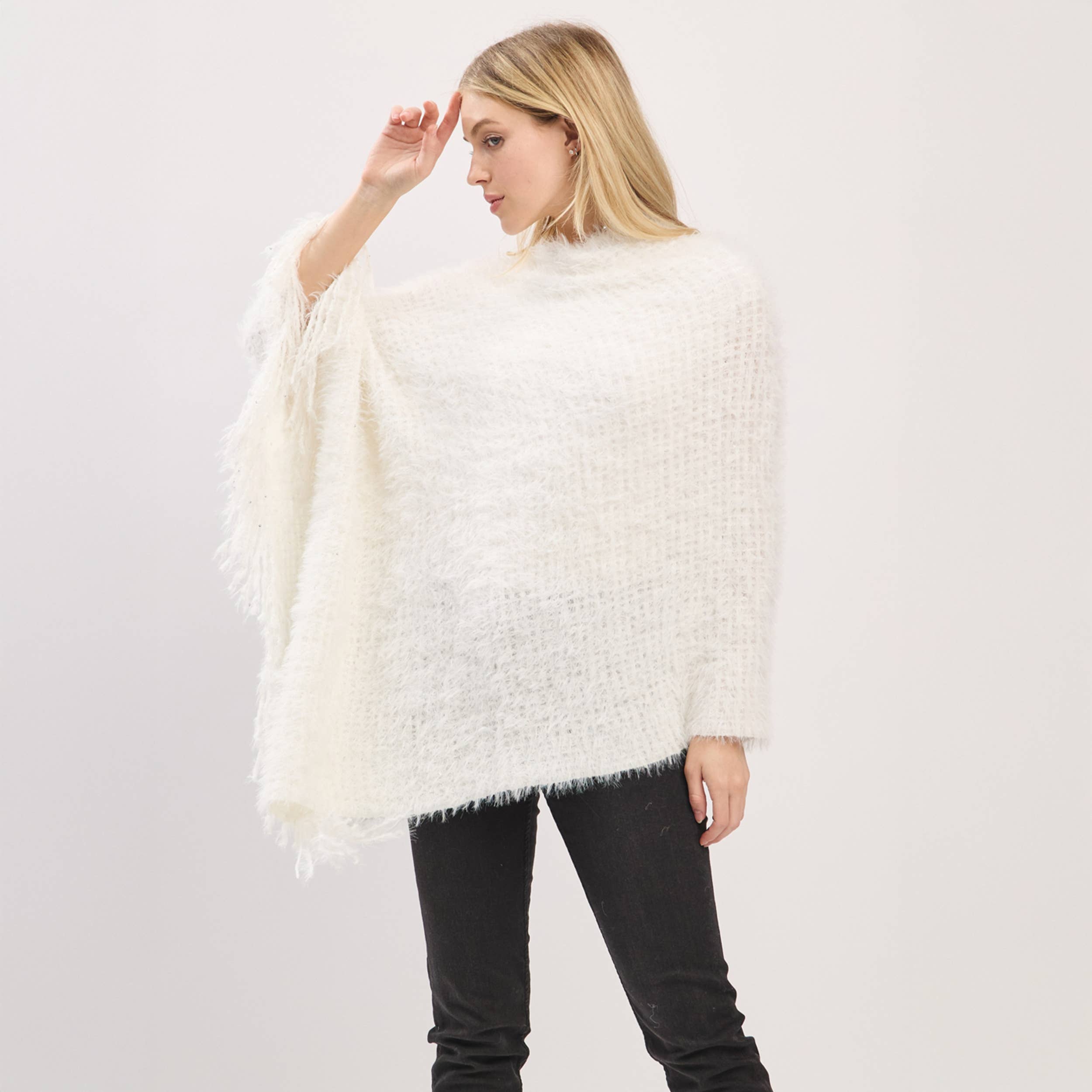 Hana – wholesale Poncho – Women's – Fuzzy Sequin with Fringe Light Weight Poncho8