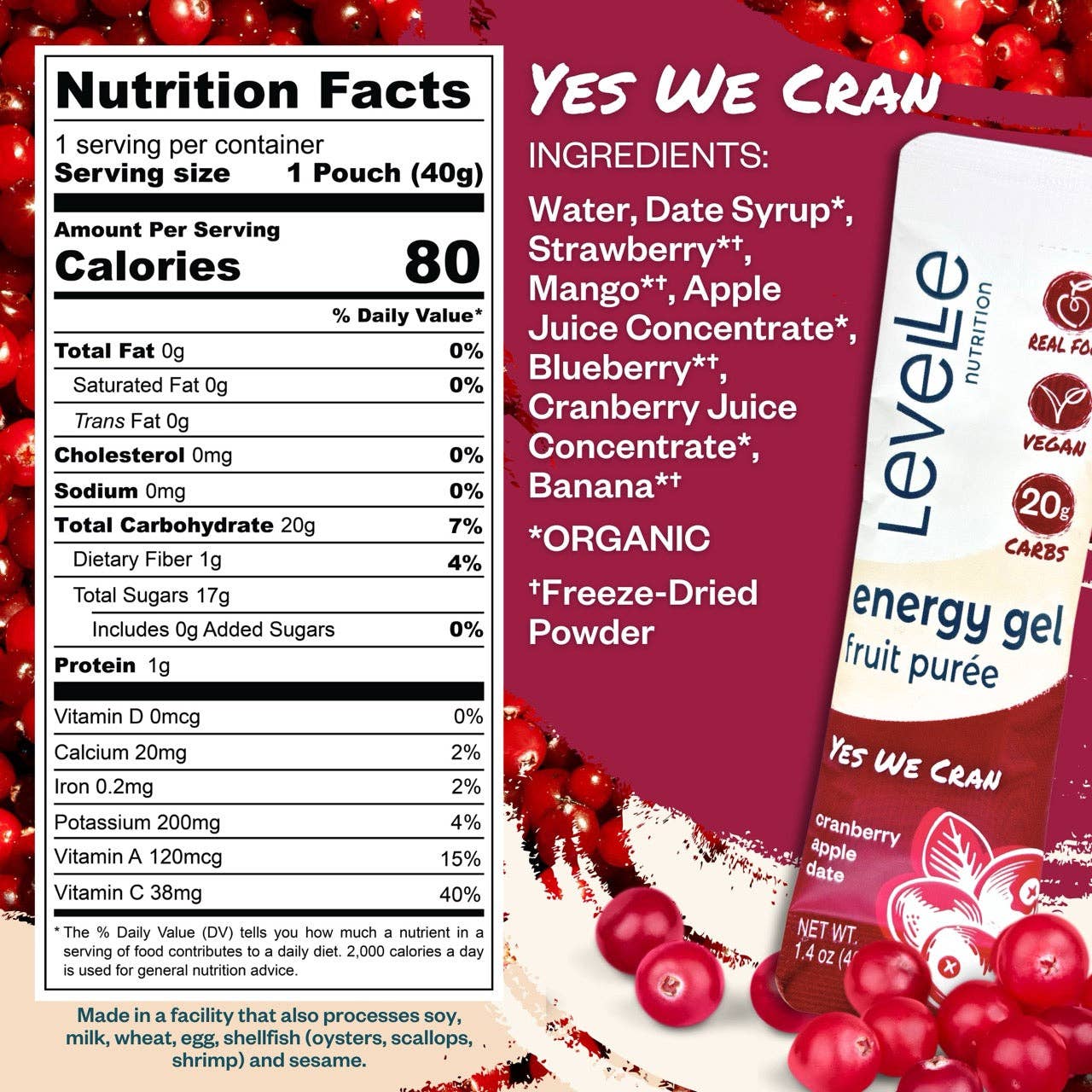 Levelle Nutrition - Wholesale Sports/Energy Drink - Yes We Cran! Energy Gel - Vegan, Real Food (40g)1