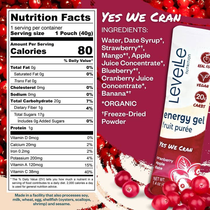 Levelle Nutrition - Wholesale Sports/Energy Drink - Yes We Cran! Energy Gel - Vegan, Real Food (40g)1