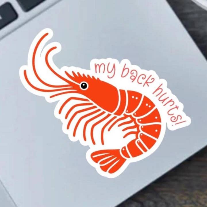 My Back Hurts Funny Shrimp 2.5" Vinyl Sticker for wholesale by Fable and Flame Co.
