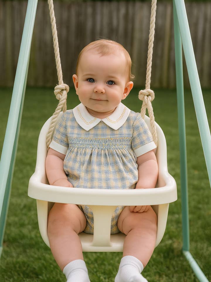 Fall Flowers - Hand smocked baby boy checkered romper for wholesale by Baby Threads