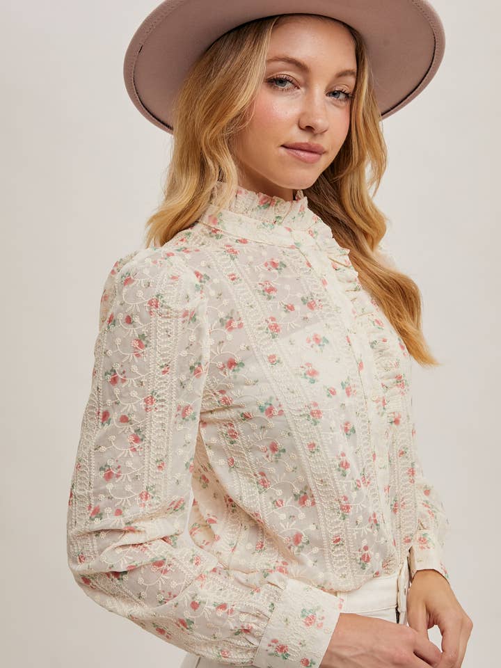 Bluivy - Wholesale Button Down Shirt - Women's - FLORAL PRINT BUTTON DOWN RUFFLED MOCK NECK BLOUSE
