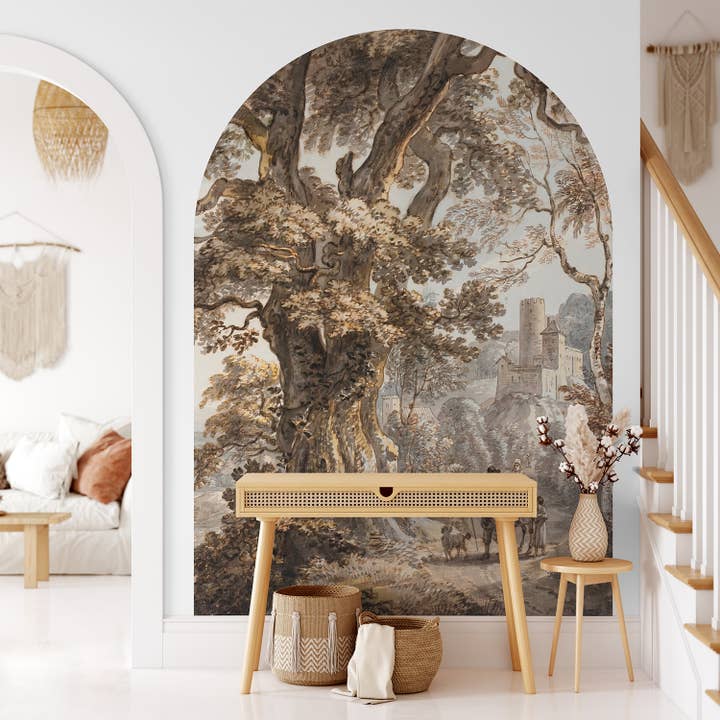 Calcomanía de Pared de Arco de Paisaje de Castillo Vintage, Despegar y Pegar para venta al por mayor de SimurgWallArts