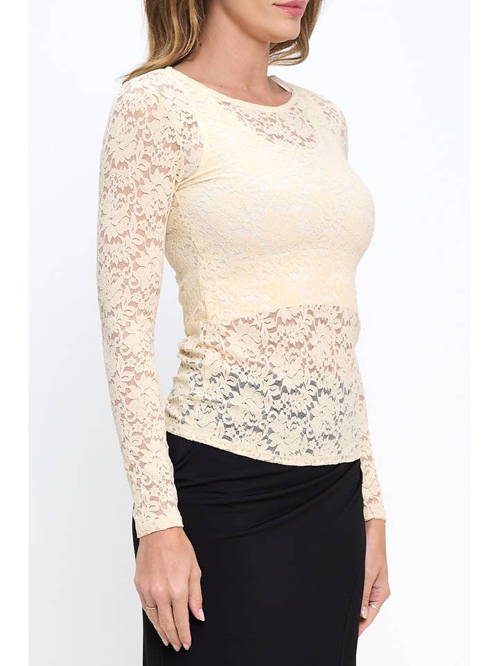 Lemon Made in USA Lace Mesh Round neck Long Sleeve Top for wholesale on Faire2