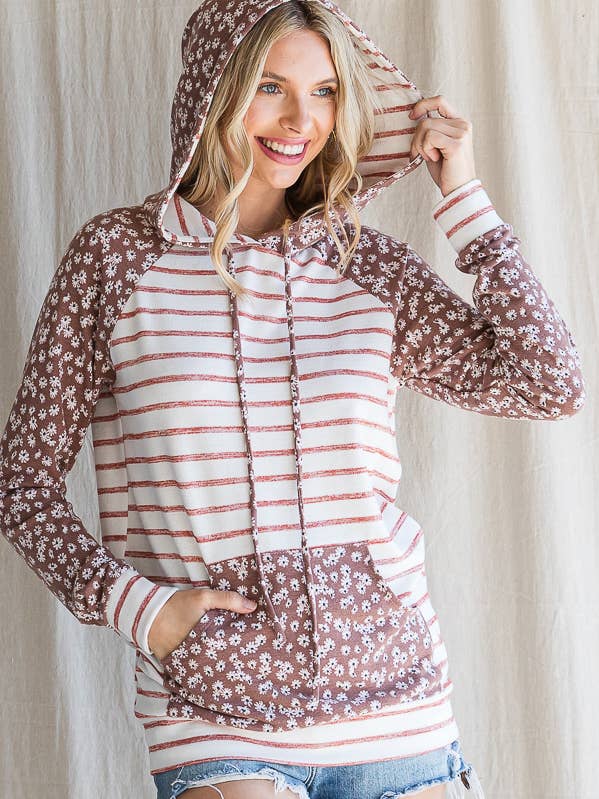 Floral Stripe Front Pocket Raglan Drawstring Hoodie T4506 for wholesale by 7th Ray