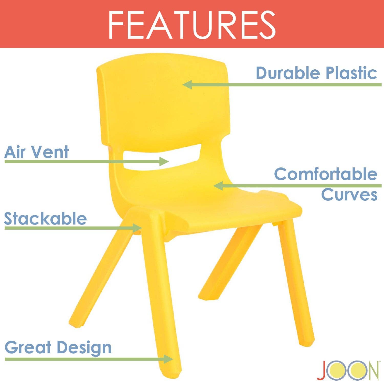 ShopBobbys - Wholesale Chair - Kids - JOON Stackable Plastic Kids Learning Chairs, Yellow, 20.5x12.75X11 Inches, 2-Pack (Pack of 2)4