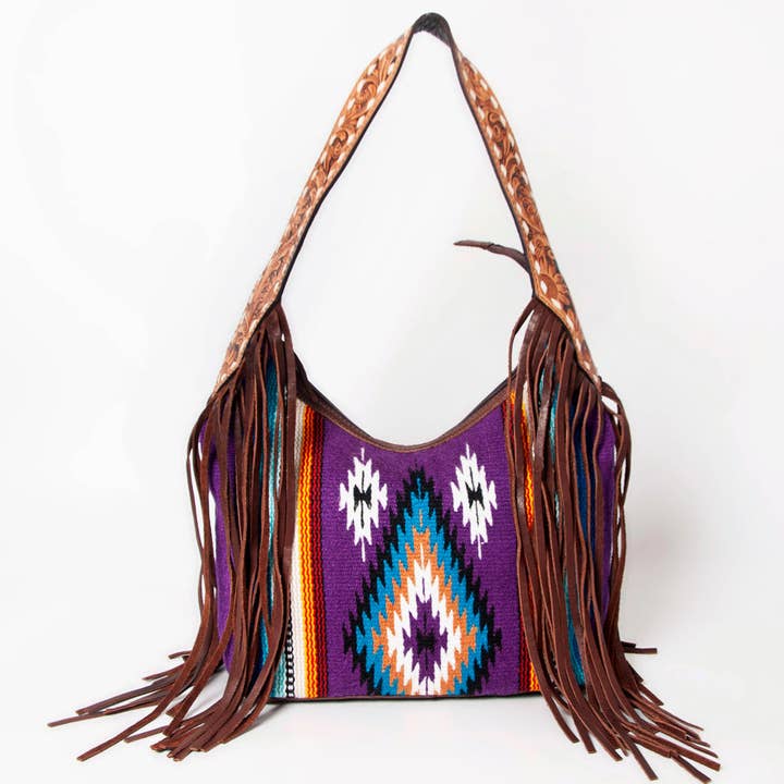 LS Western - Wholesale Shoulder Bag - Women's - LC-ADBGA212F American Darling Hobo Bag Purple Saddle Blanket with Tooled Leather & Fringe1