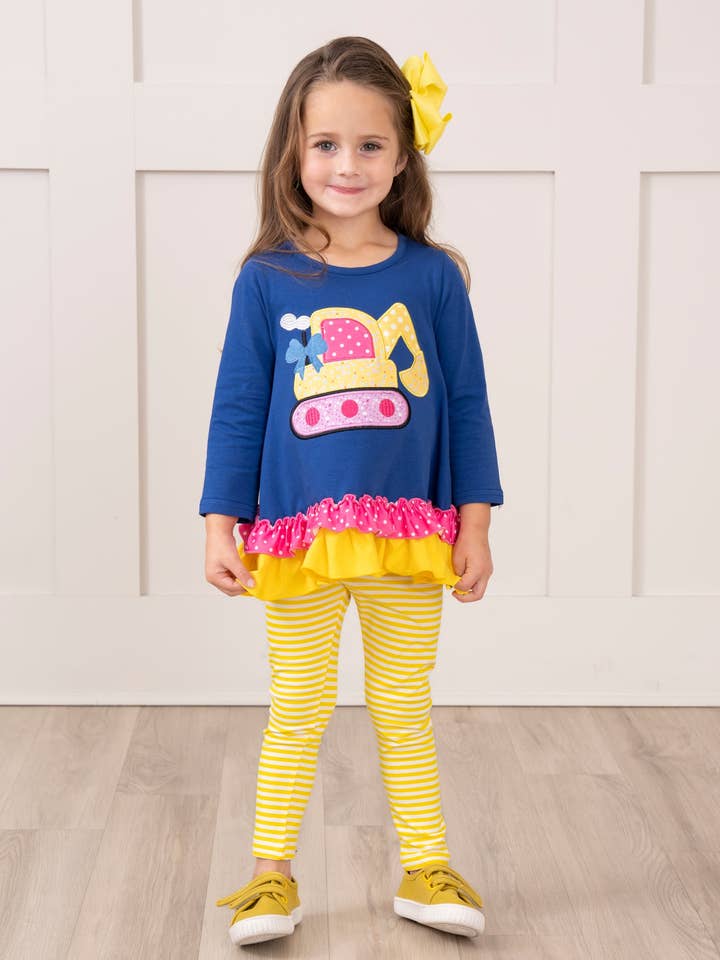 Royal Blue & Yellow Excavator Ruffle Outfit for wholesale by Marie Nicole Clothing