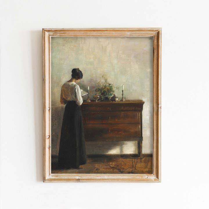 Stampa artistica vintage con donna sul petto per la vendita all'ingrosso da parte di Paper House Print Shop