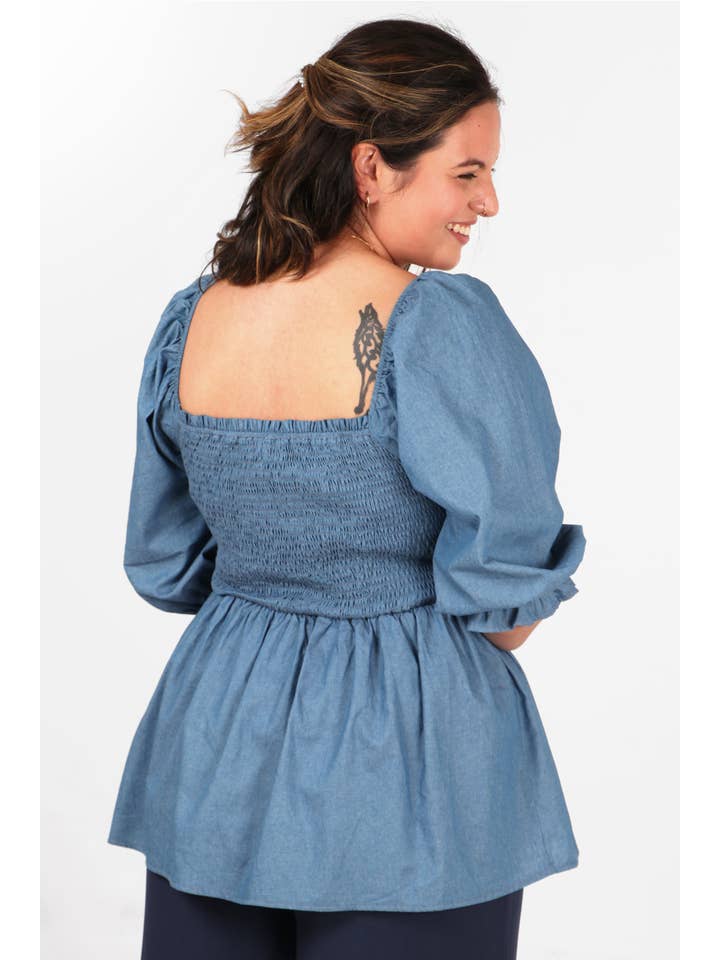 Sarta – wholesale Blouse – Women’s – Denim Look Milkmaid Top with Puff Sleeves in Blue7