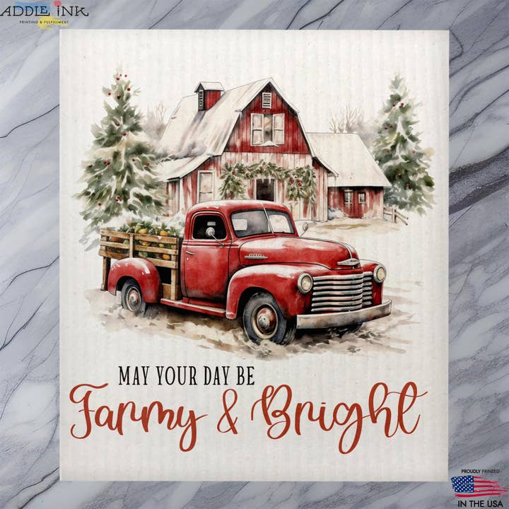 Farmy & Bright Red Pickup Barn Christmas Dishcloth for wholesale by ADDLE iNK