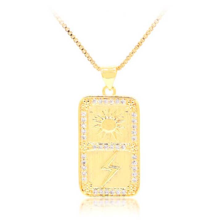 Savvy Bling - Wholesale Pendant/Charm Necklace - Sun & Lightening Bolt Pavé CZ Tag Necklace