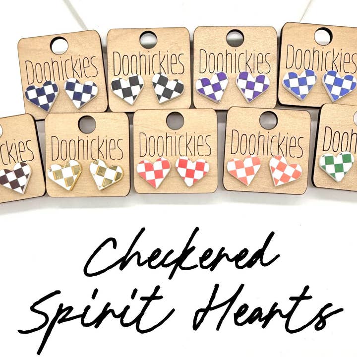 School Spirit Checkered Heart Stud Earrings - 9 Color Options for wholesale by Doohickies