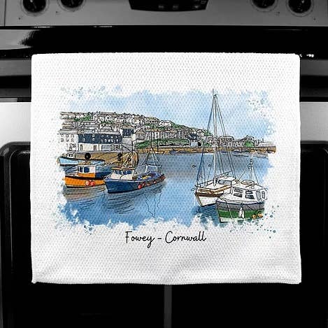 Luxury Handprinted Teatowel, Fowey (foweyscape), Cornwall for wholesale by H'Art and Design
