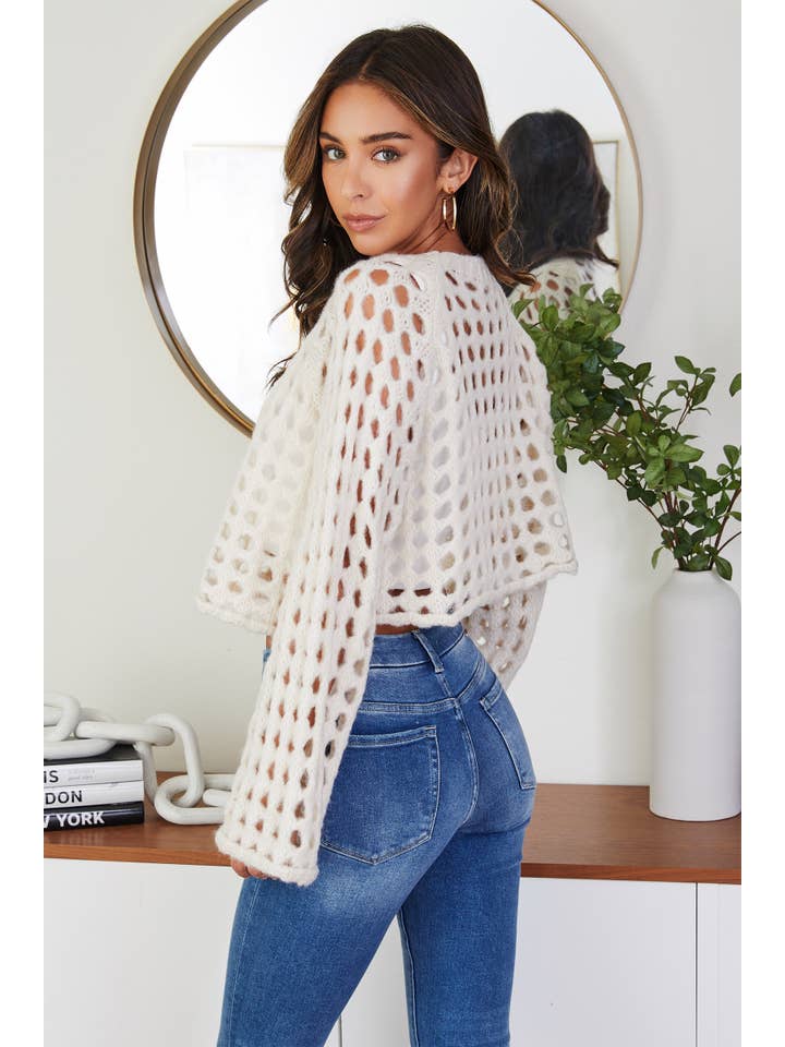 MILIO MILANO - Wholesale Knit Sweater - Women's - CROPPED OPEN KNIT FUZZY SWEATER (72631/800891-IVORY)