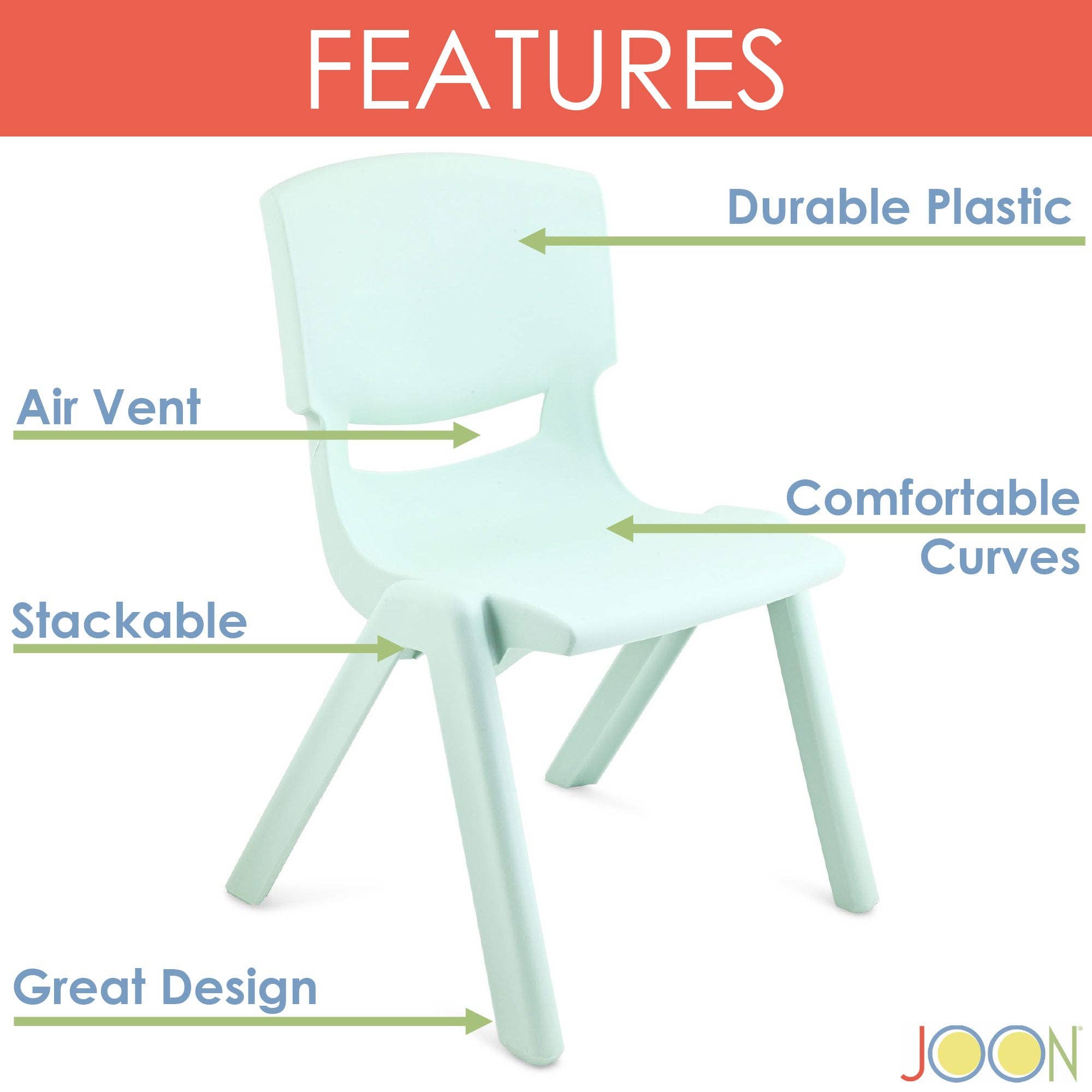 ShopBobbys - Wholesale Chair - Kids - JOON Stackable Plastic Kids Learning Chairs, Mint Green, 20.5x12.75X11 Inches, 2-Pack (Pack of 2)1