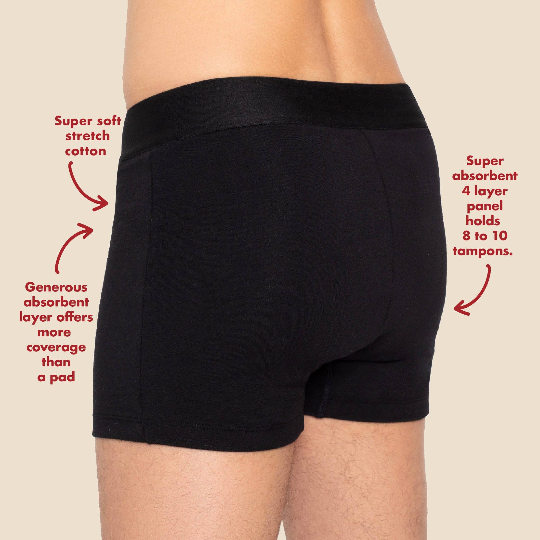 Black The Boxer. Period. in Organic Cotton. For Heavy Flows - Single Polybag Unit for wholesale on Faire4