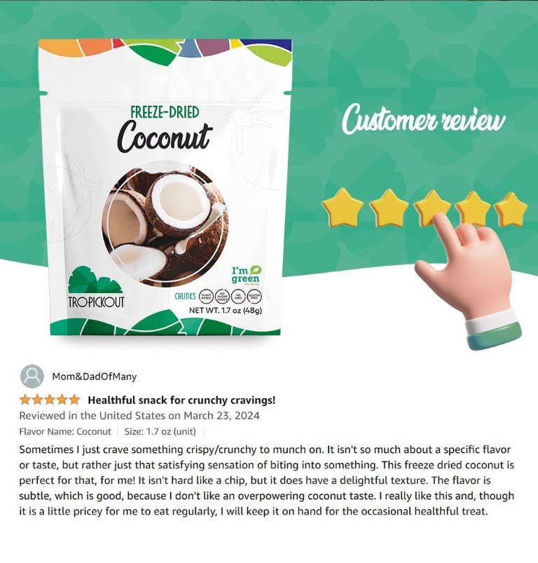 TROPICKOUT LLC – wholesale Dried/dehydrated fruit – TROPICKOUT Freeze-Dried Coconut Chunk 1.7oz6