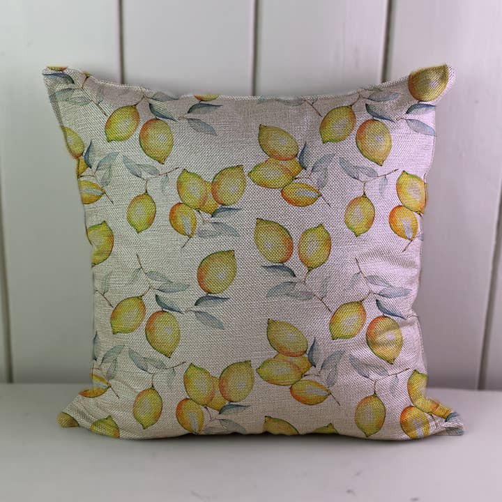 Lemons and Leaves Pattern Linen Cushion Cover for wholesale by Hills Of Fabric