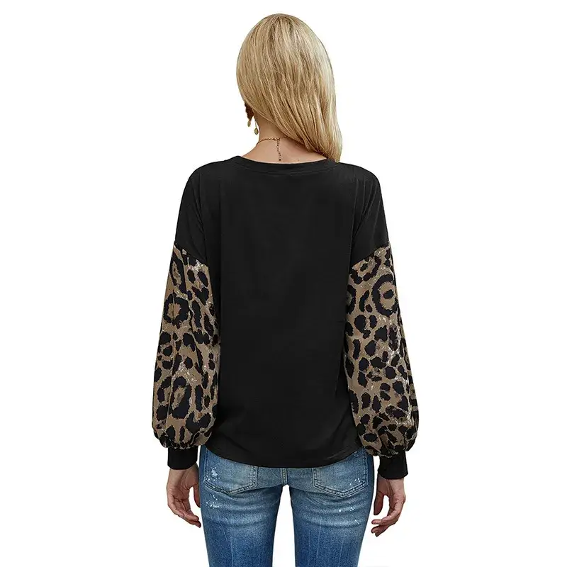 MUSTARD Leopard Crew Neck Puff Sleeve Shirt for wholesale on Faire3