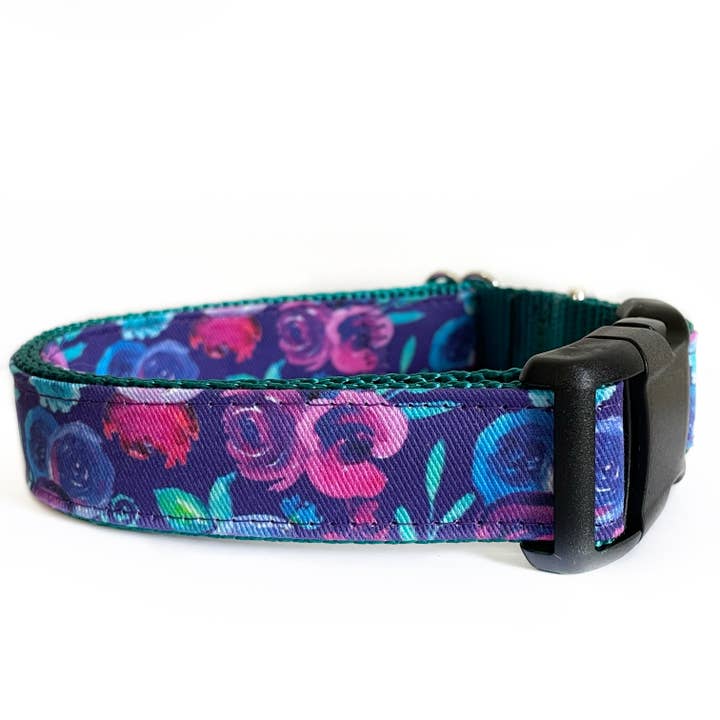The Reagan Teal Floral Dog Collar for wholesale by Sew Fetch Dog Co