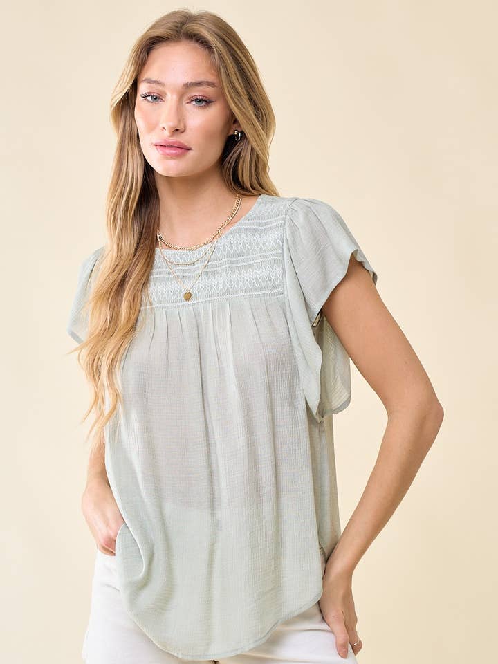 Embroidered Smocking Woven Top - 42699T for wholesale by Doe and Rae