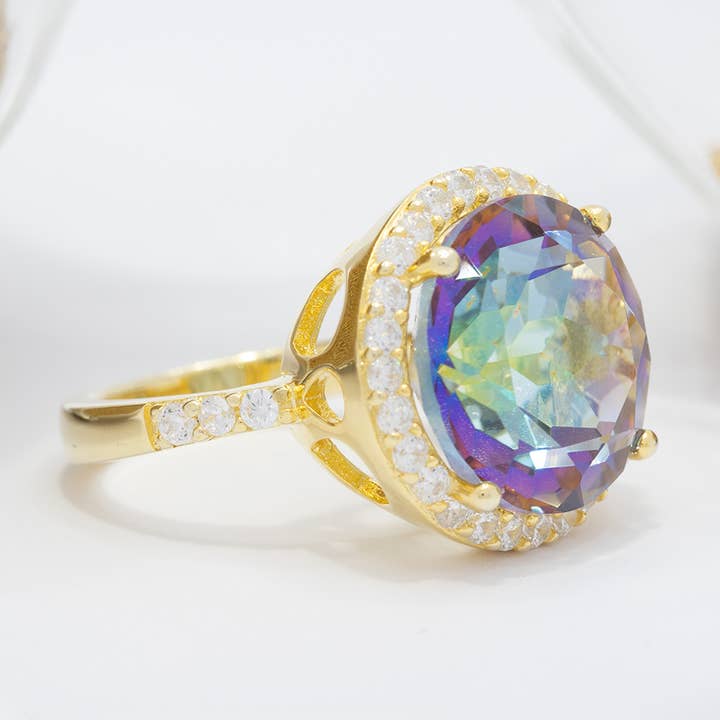 Anel feminino de quartzo místico natural com banho de ouro sobre prata esterlina por atacado de Thesoftcheek Jewelry