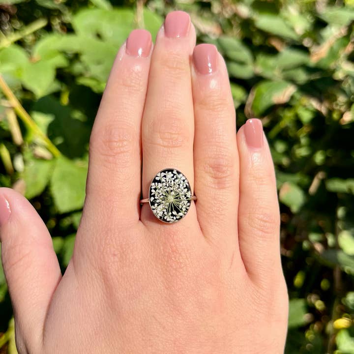 Big Oval Real Queen Anne's Lace Ring for wholesale by Wild by Design