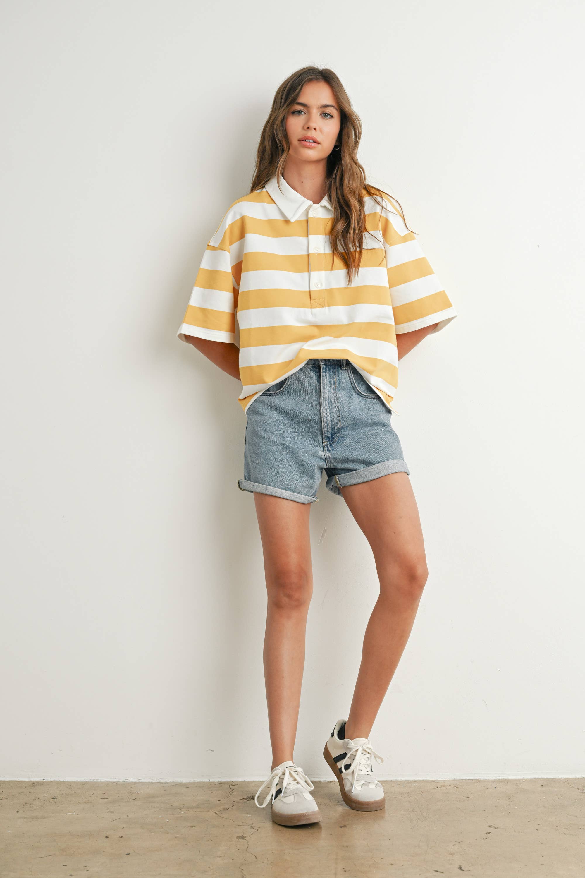 BUTTERMELON - Wholesale Polo - Women's - Striped Oversized Polo Shirt - BMT771026