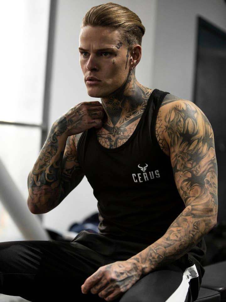 Cerus Clothing - Wholesale Tank top – Men's - Cerus Black Stringer Vest with White small print logo0