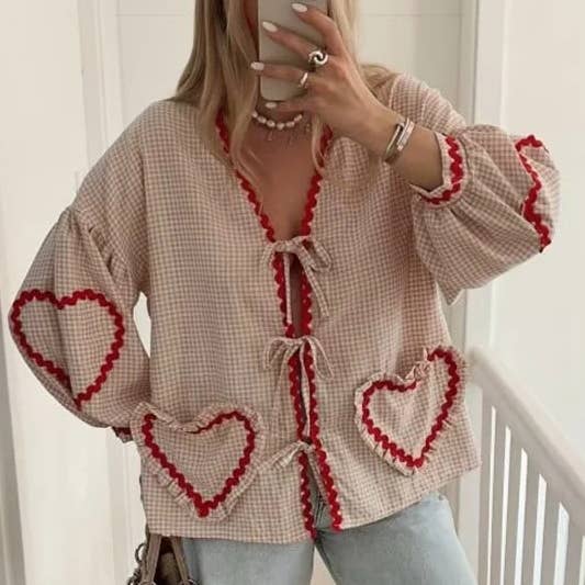 Rosa Clothing - Wholesale Blouse - Women's - Ric Rac heart-inspired patching Gingham tie front blouse