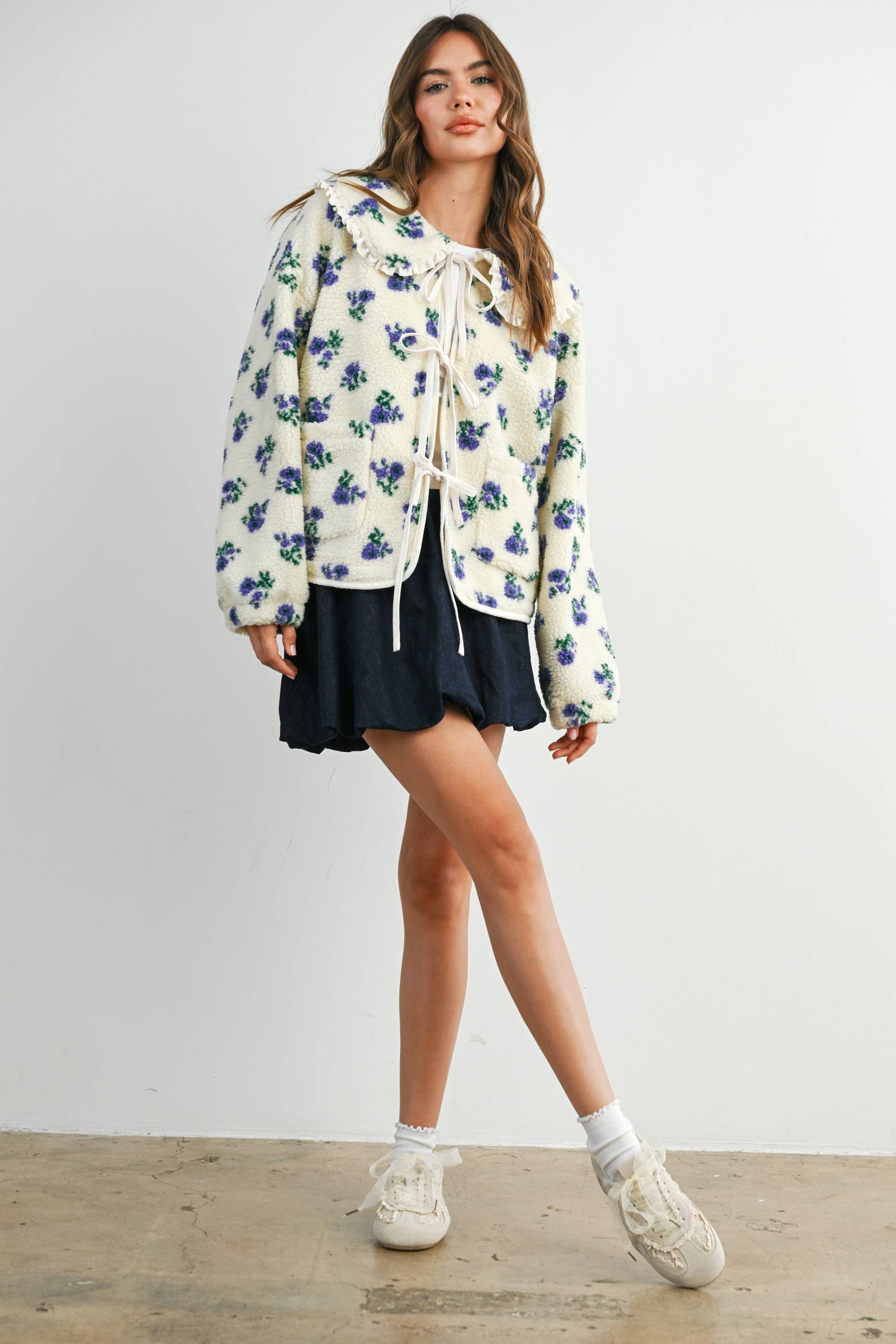 BUTTERMELON - Wholesale Jacket - Women's - Floral Puffy Tie-Front Long Sleeve Jacket - BMJ78411