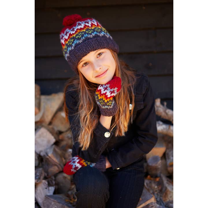One Colour Kids Clifden Knitted Wool Fair Isle Knit Bobble Hat Navy for wholesale on Faire4