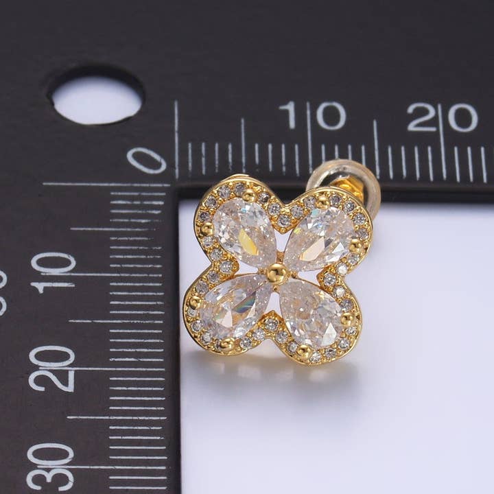 Aim Eternal - Wholesale Stud/Post Earrings - Dainty Gold Cubic Zirconia Clover Stud Earring 2