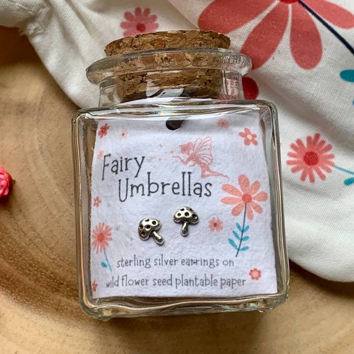 Sterling Silver Fairy Umbrellas Mushroom Bottled Earrings for wholesale by Ginger & Roo