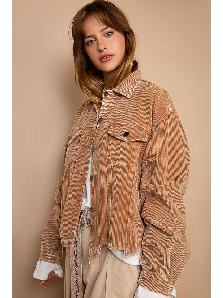Pol Clothing - Wholesale Jacket - Women's - Pocket front button down distressed hem corduroy jacket SALE