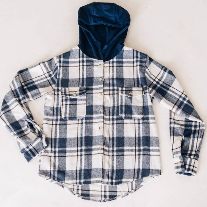 Navy Plaid Flannel - Hooded Adult for wholesale by HAHA MAMA Clothing