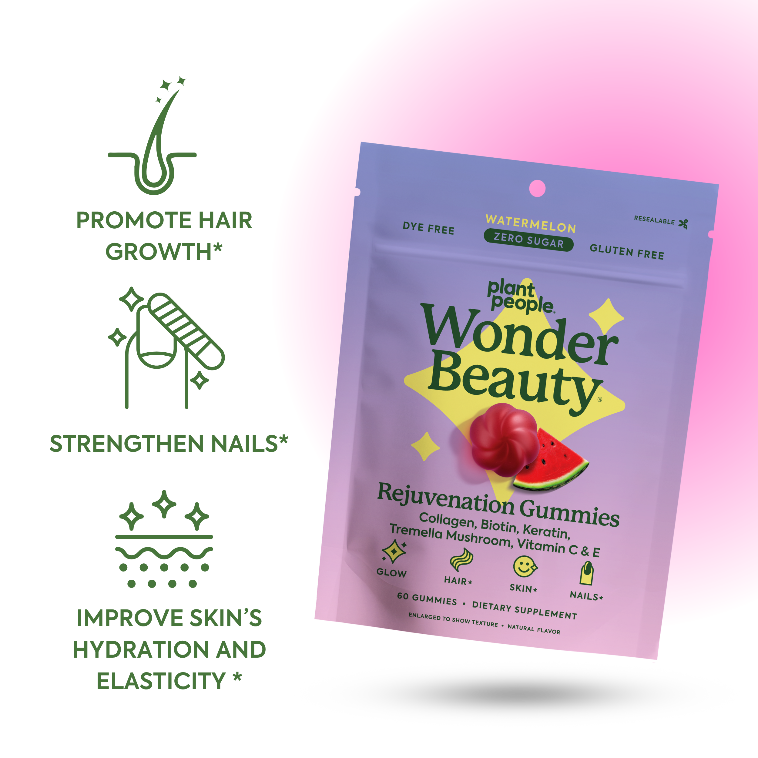 Plant People - Vente Supplément oral/vitamine - WonderBeauty - Gummies pour cheveux, peau et ongles1