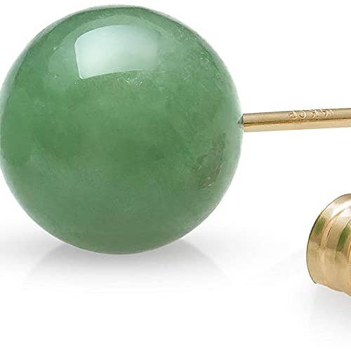 JB Jewelry - Wholesale Stud/Post Earrings - 8mm 14k Yellow Gold Natural Green Jade Round Stud Earrings.