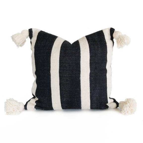 Handmade Moroccan Handwoven Wool 14 X 36 Striped Ivory and Black Pom Pom Long Lumbar Pillow Cover