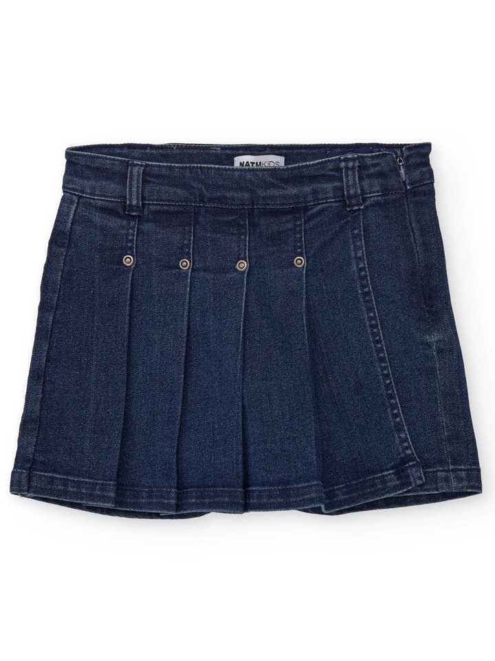 Denim skort for girls in blue with pleats for wholesale by tuc tuc